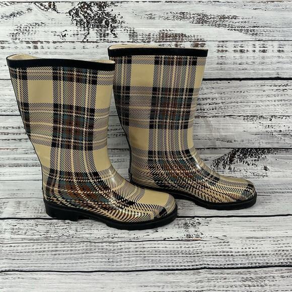 Sporto AMY Rubber Rain Duck Boots size 6 Black Tan Blue Plaid Calf Any Weather - Picture 2 of 11